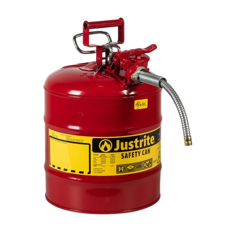 Justrite 5 Gallon, 5/8 Metal Hose, Steel Safety Can for Flammables, Type II, AccuFlow, Red