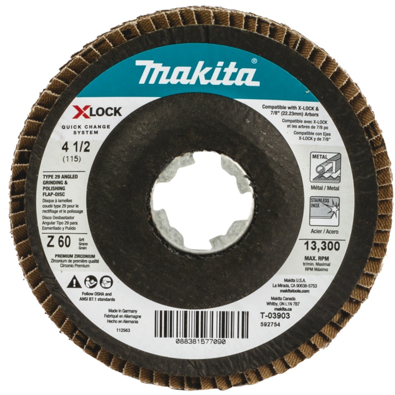 Makita XLOCK 41/2 60 Grit Type 29 Angled Grinding and Polishing Flap Disc for XLOCK and All 7/8 Arbor Grinders