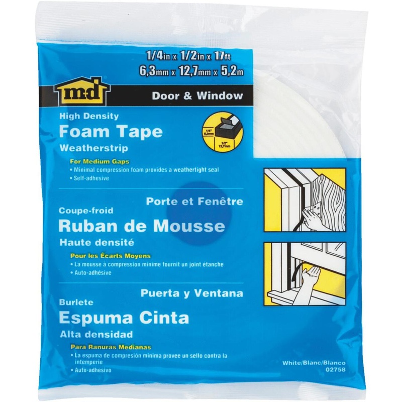 M-D 1/2 W x 1/4 T x 17′ L White Foam Weatherstrip Tape