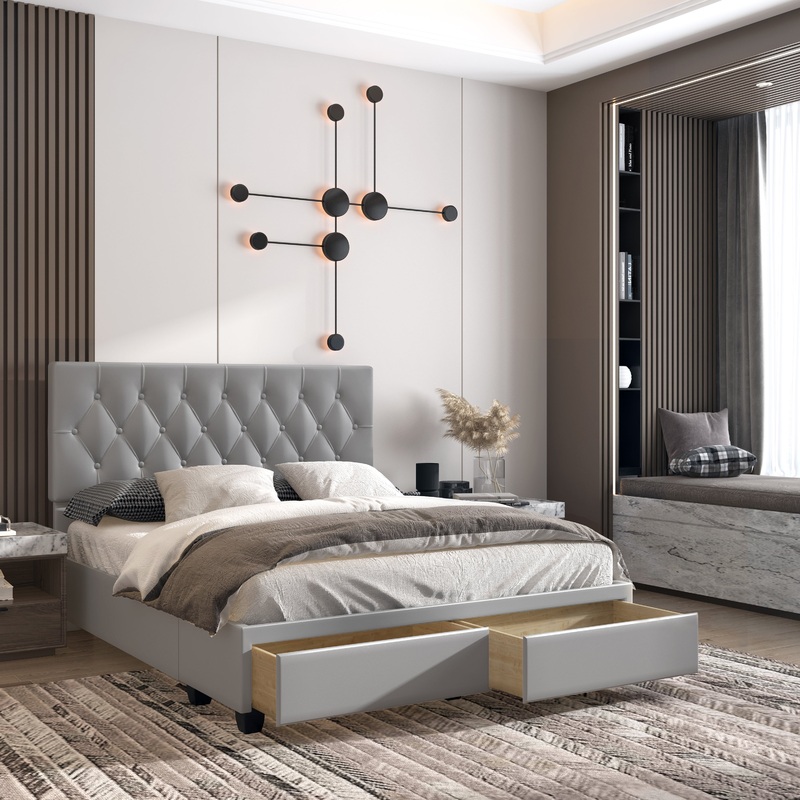 Verona Platform Storage Bed|Queen|Full|Grey Faux Leather|Black Faux Leather|White Faux Leather|Charcoal Linen|Grey Linen|Ivory Linen