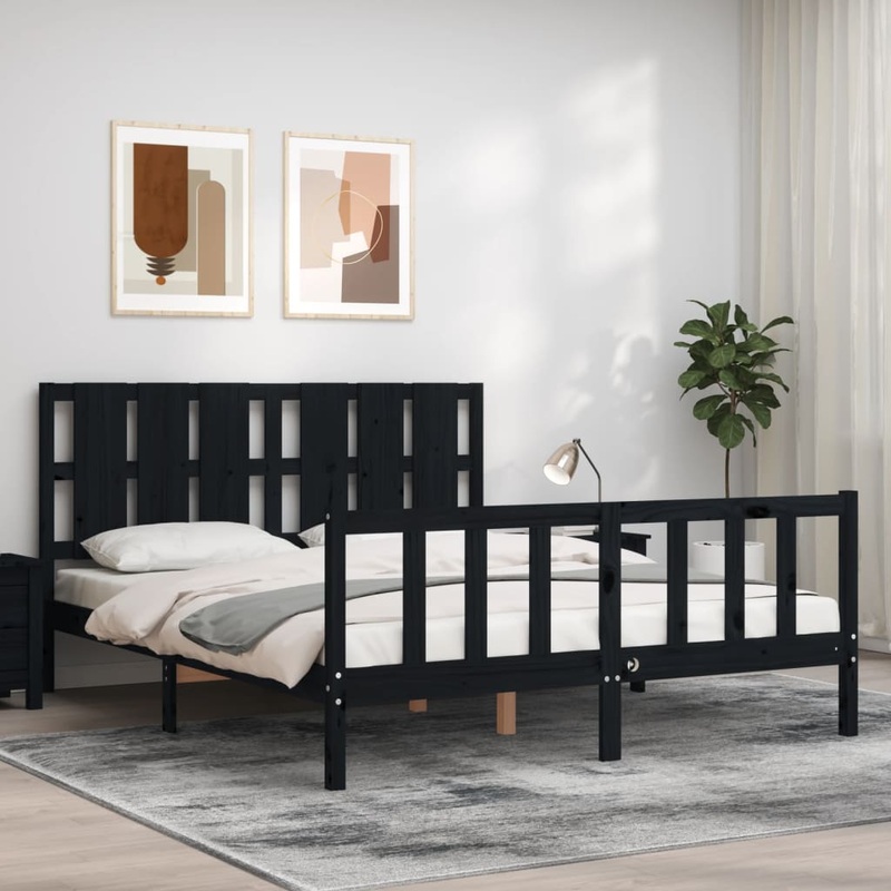 Berkfield Bed Frame with Headboard Black 160×200 cm Solid Wood