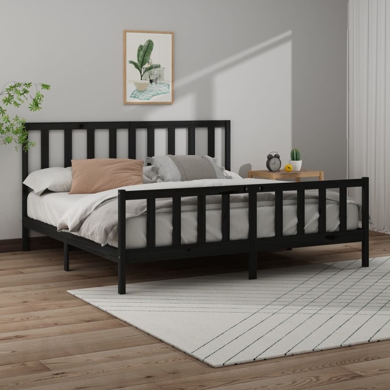 Berkfield Bed Frame Black Solid Wood Pine 180×200 cm Super King Size