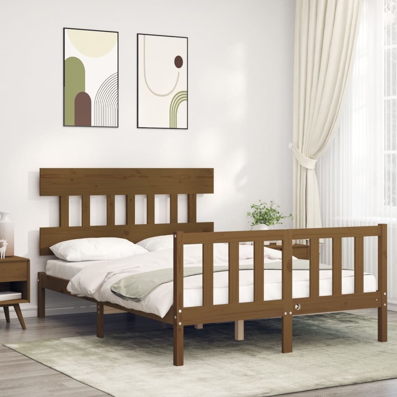 Berkfield Bed Frame with Headboard Honey Brown 140×190 cm Solid Wood