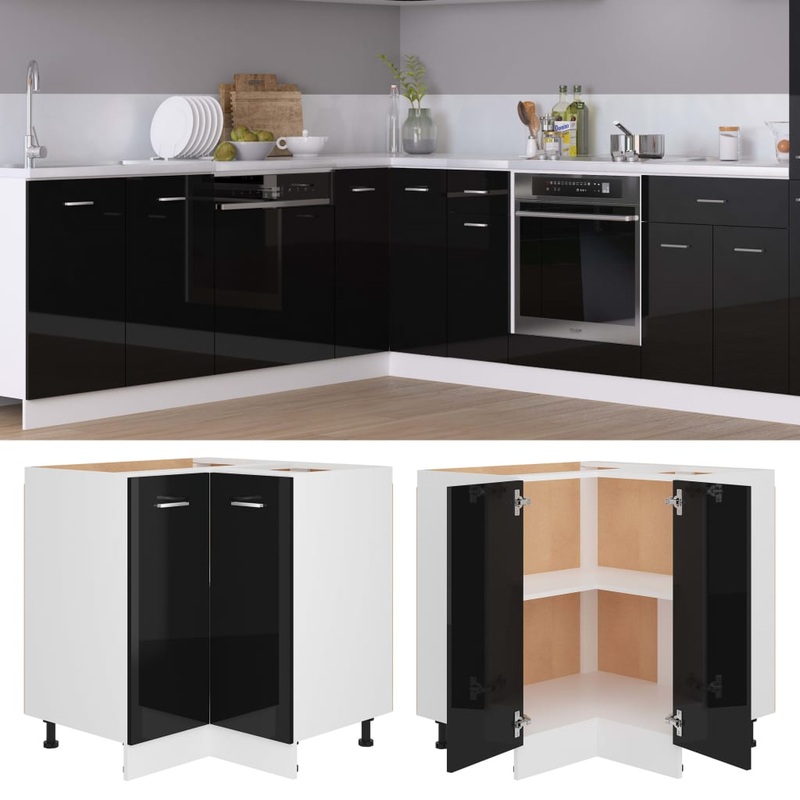 Berkfield Corner Bottom Cabinet High Gloss Black 75.5×75.5×80.5 cm Engineered Wood
