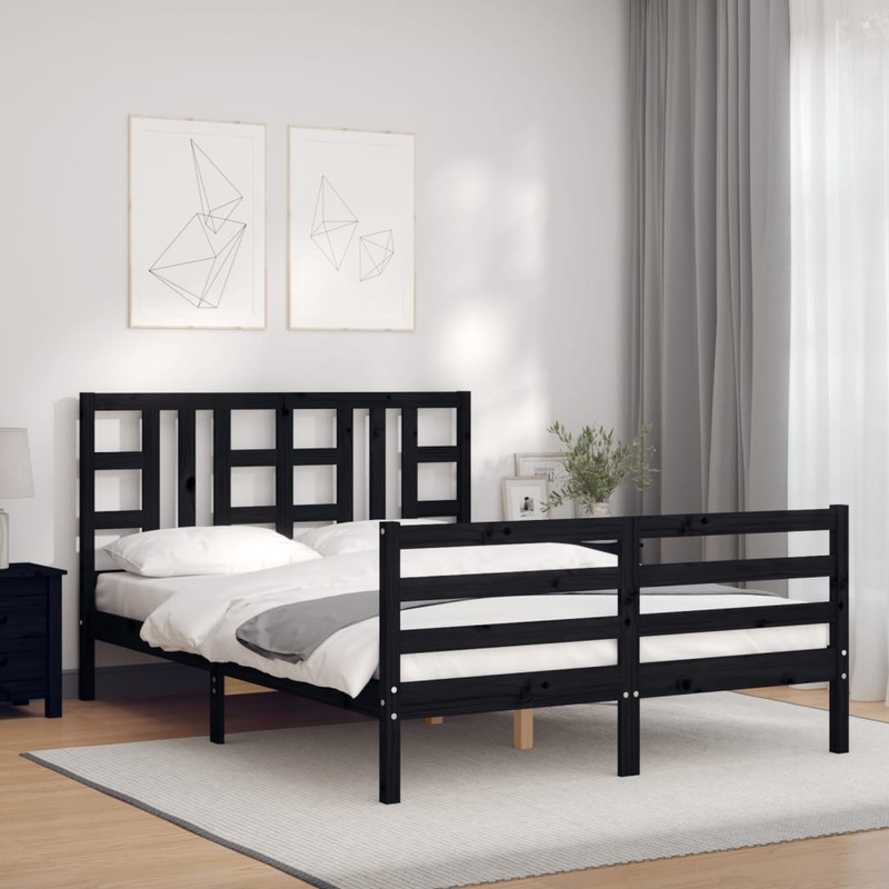 Berkfield Bed Frame with Headboard Black 140×190 cm Solid Wood