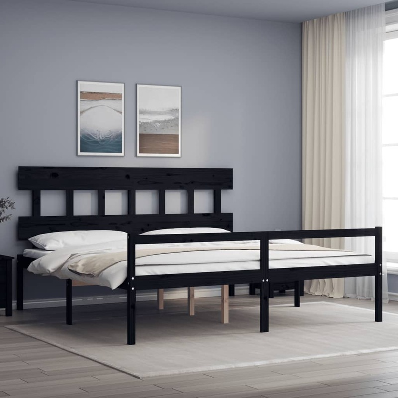 Berkfield Bed Frame with Headboard Black 200×200 cm Solid Wood