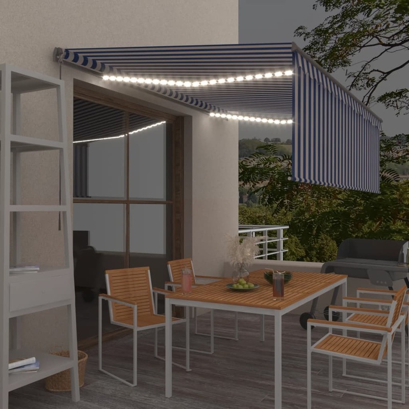 Berkfield Manual Retractable Awning with Blind&LED 4x3m Blue&White