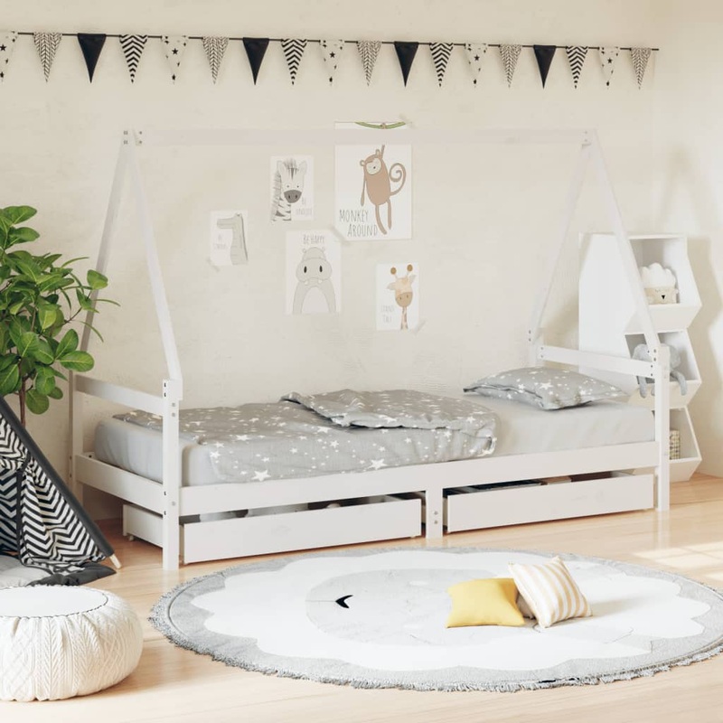 Berkfield Kids Bed Frame with Drawers White 90×200 cm Solid Wood Pine
