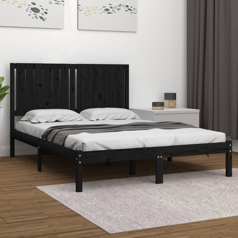 Berkfield Bed Frame Black Solid Wood Pine 135×190 cm Double