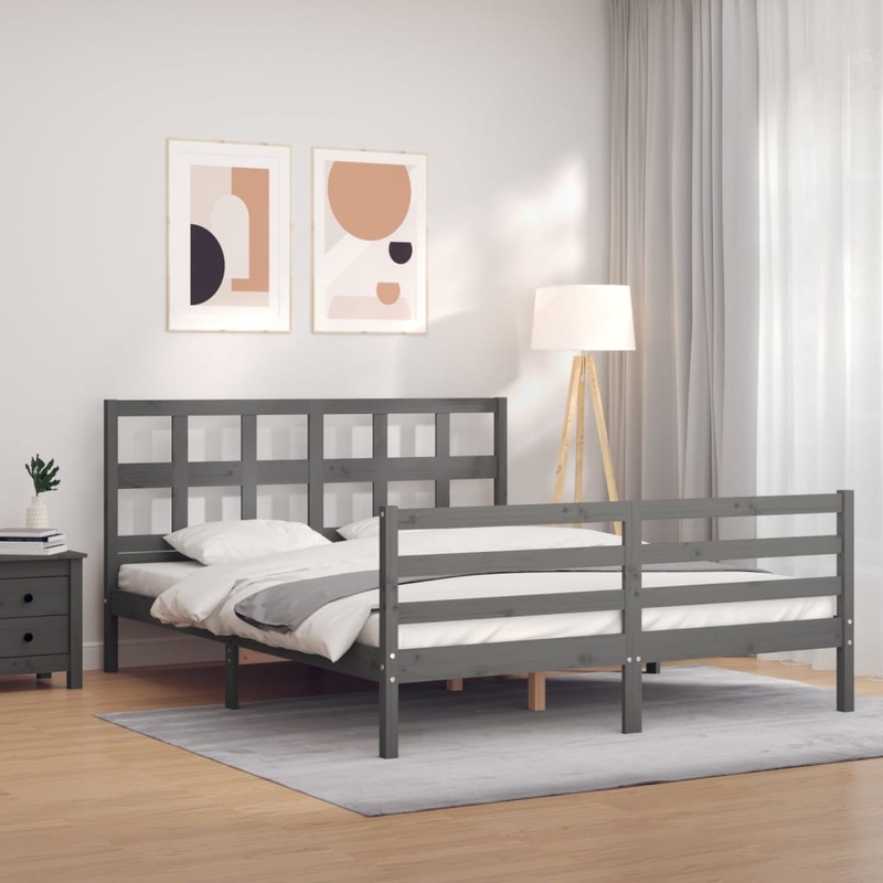 Berkfield Bed Frame with Headboard Grey King Size Solid Wood