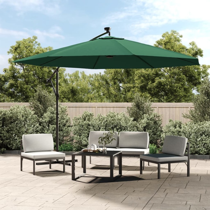 Berkfield Cantilever Umbrella with LED Lights and Metal Pole 350 cm Green