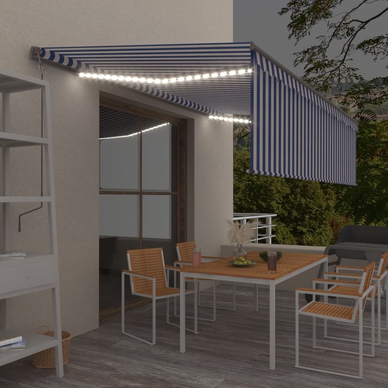 Berkfield Manual Retractable Awning with Blind&LED 5x3m Blue&White