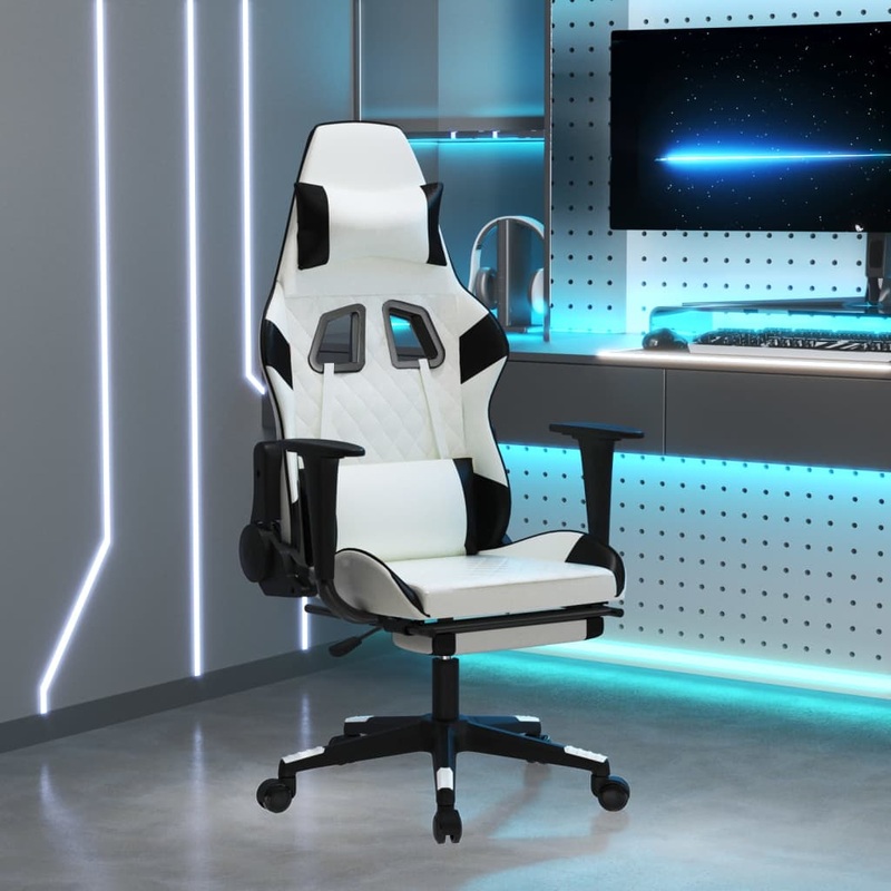 Berkfield Massage Gaming Chair with Footrest White&Black Faux Leather