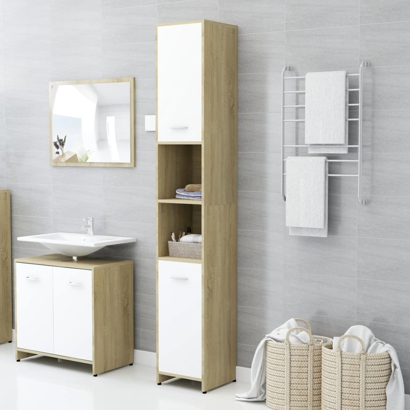Berkfield Bathroom Cabinet White and Sonoma Oak 30x30x183.5 cm Engineered Wood