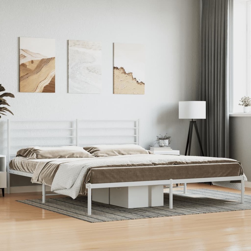 Berkfield Metal Bed Frame with Headboard White 200×200 cm
