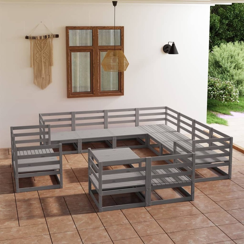 Berkfield 12 Piece Garden Lounge Set Grey Solid Pinewood