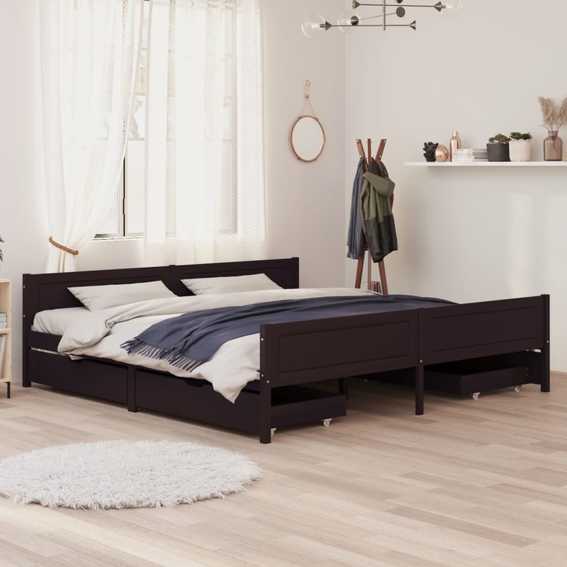 Berkfield Bed Frame with 4 Drawers Dark Brown 180×200 cm 6FT Super King Solid Wood Pine