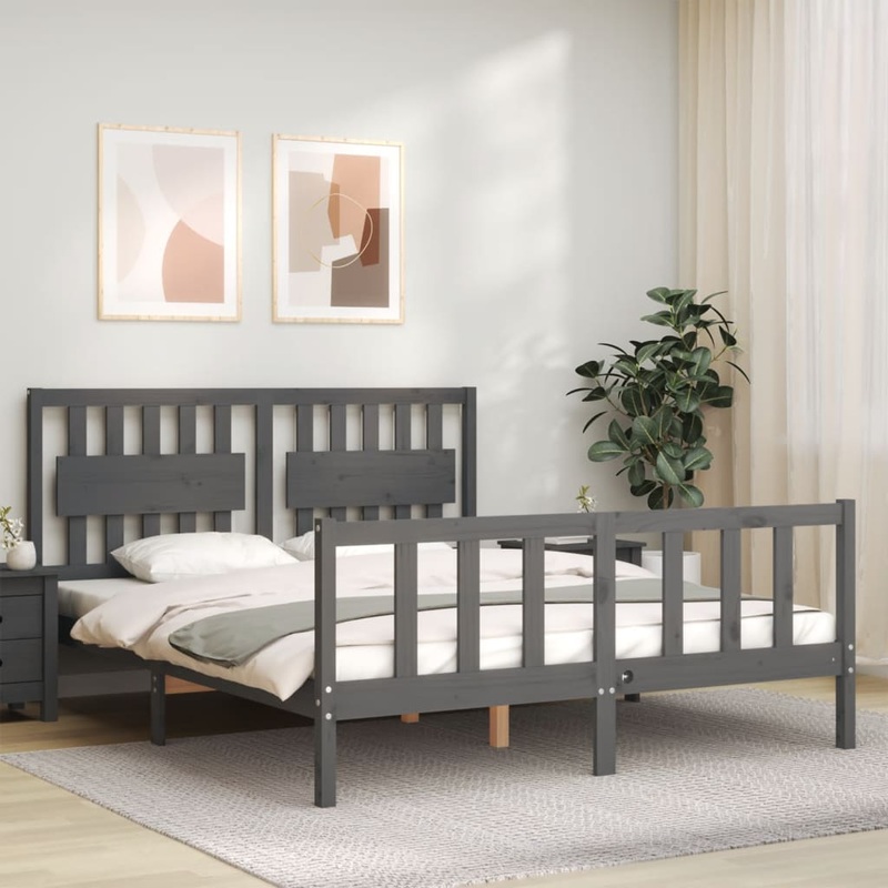 Berkfield Bed Frame with Headboard Grey 160×200 cm Solid Wood
