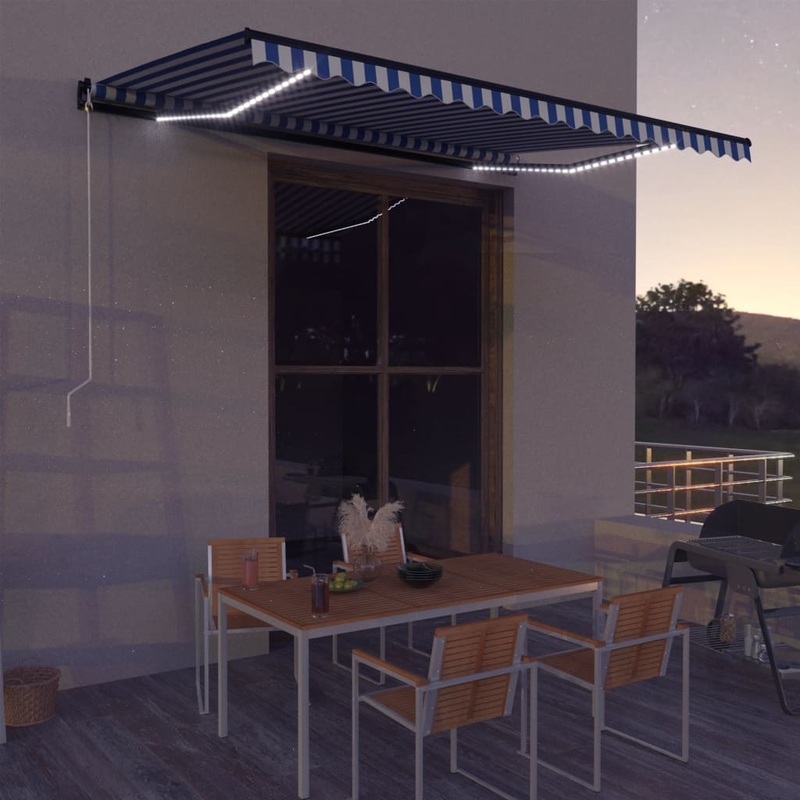 Berkfield Manual Retractable Awning with LED 500×300 cm Blue and White