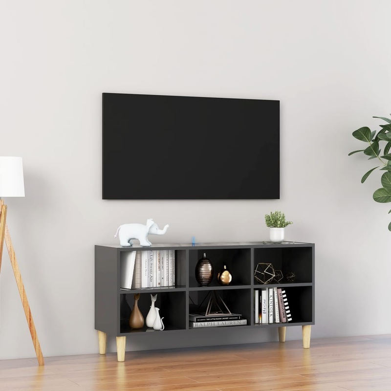 Berkfield TV Cabinet with Solid Wood Legs High Gloss Grey 103.5x30x50 cm