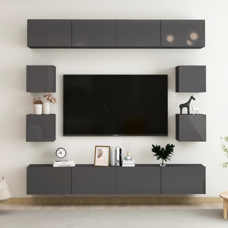 Berkfield 8 Piece TV Cabinet Set High Gloss Grey Engineered Wood