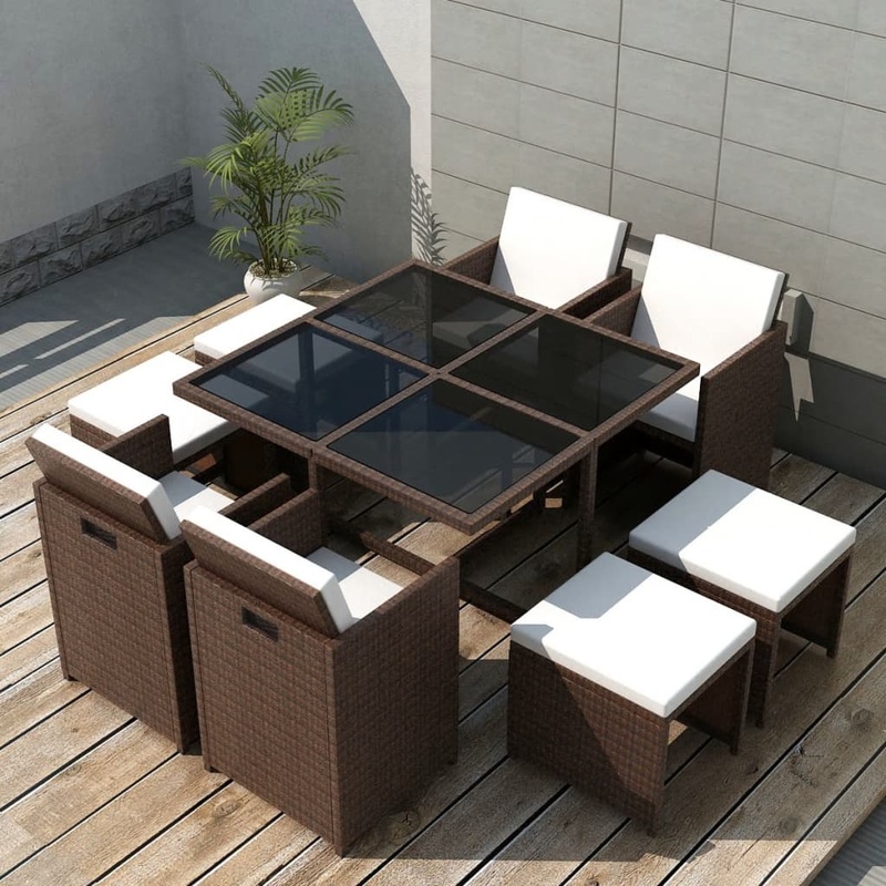 Berkfield 9 Piece Outdoor Dining Set with Cushions Poly Rattan Brown