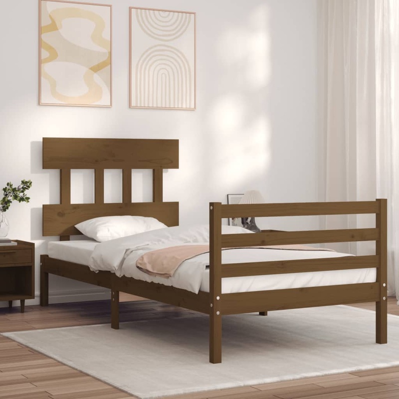 Berkfield Bed Frame with Headboard Honey Brown Single Solid Wood