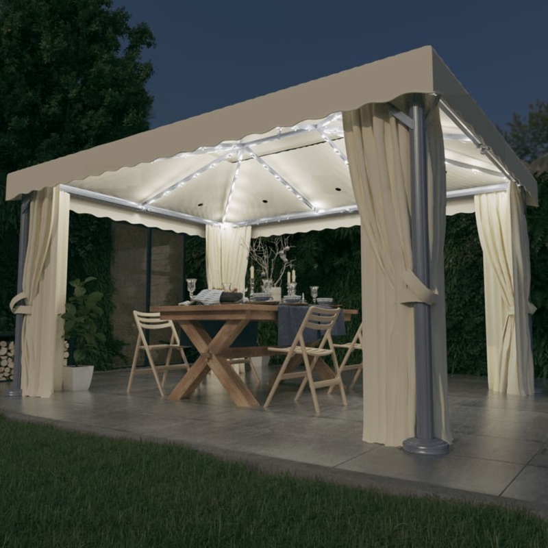 Berkfield Gazebo with Curtain&LED String Lights 4×3 m Cream White