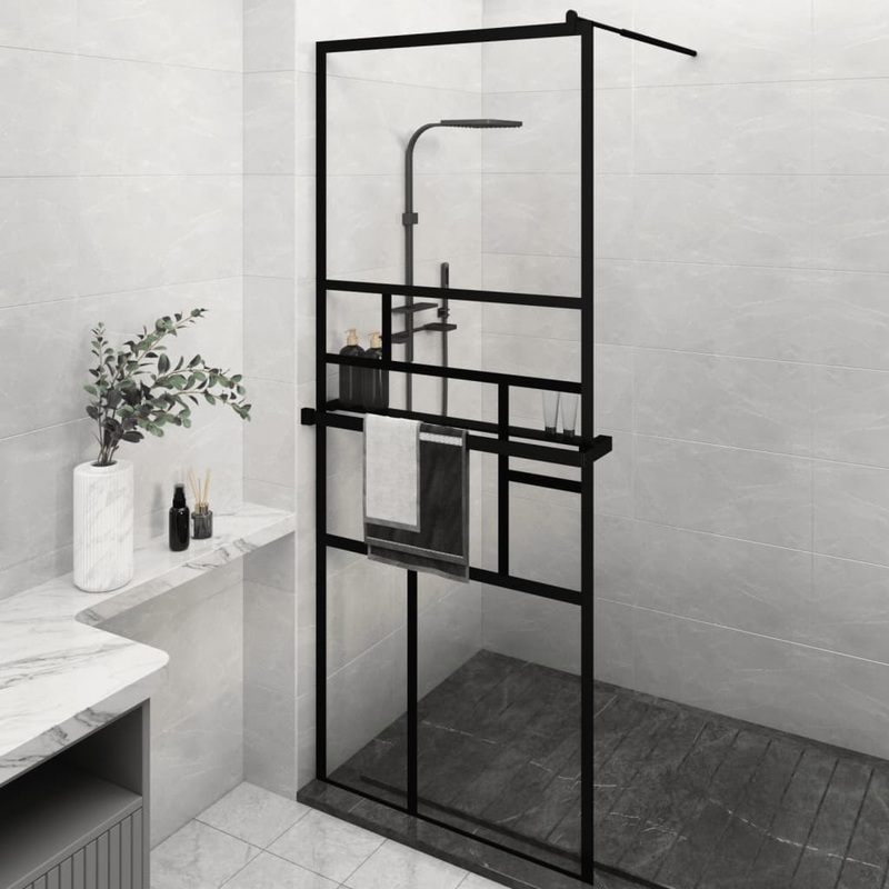 Berkfield Walk-in Shower Wall with Shelf Black 80×195 cm ESG Glass&Aluminium