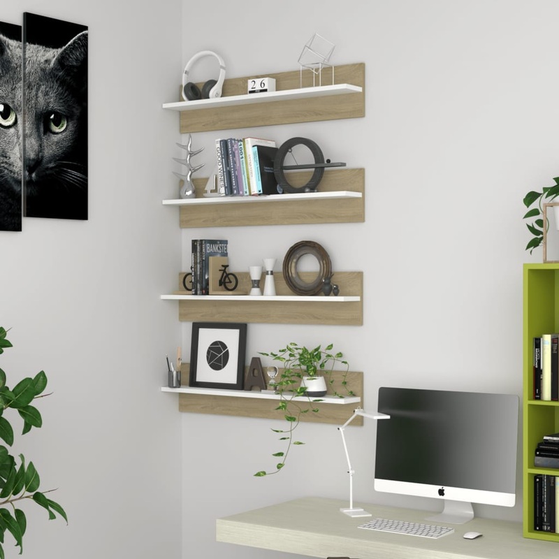 Berkfield Wall Shelf 4 pcs White and Sonoma Oak 80×11.5×18 cm Engineered Wood