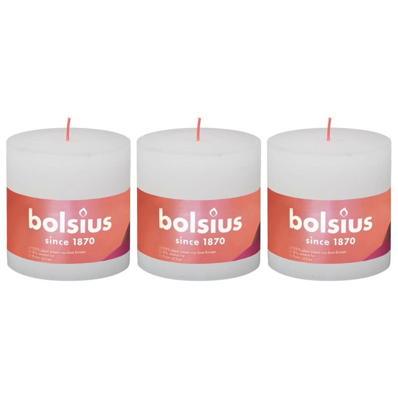 Bolsius Rustic Pillar Candles Shine 3 pcs 100×100 mm Cloudy White