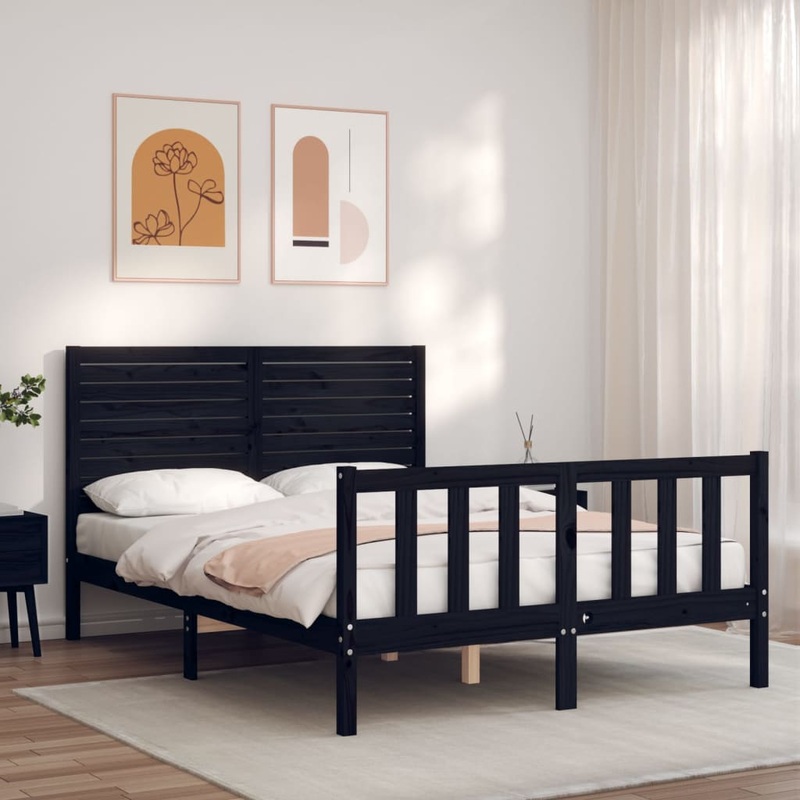 Berkfield Bed Frame with Headboard Black Double Solid Wood