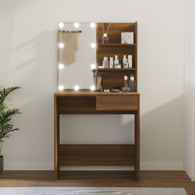 Berkfield Dressing Table with LED Brown Oak 74.5x40x141 cm