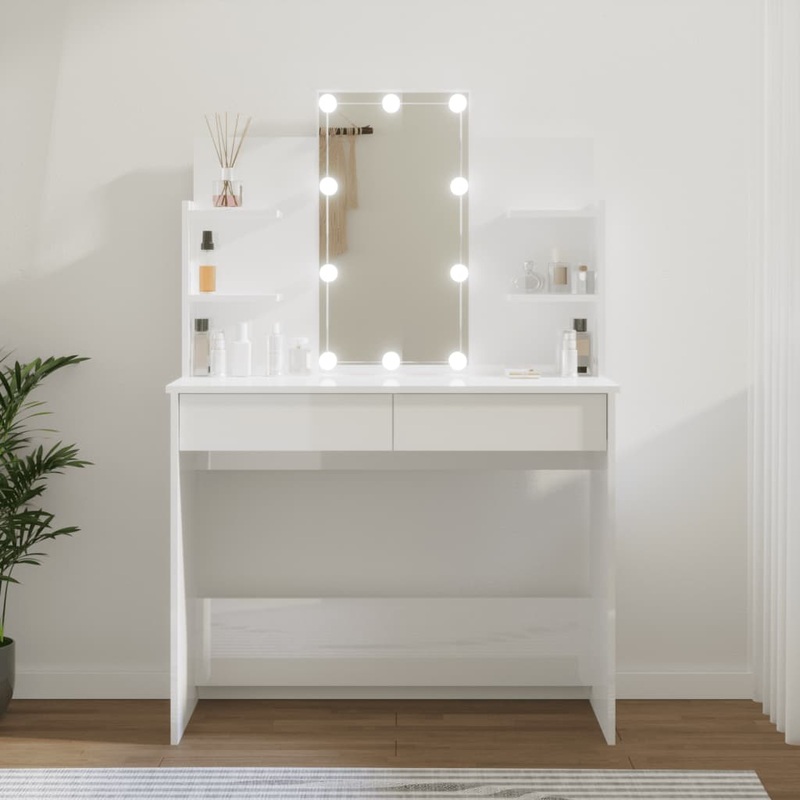 Berkfield Dressing Table with LED High Gloss White 96x40x142 cm