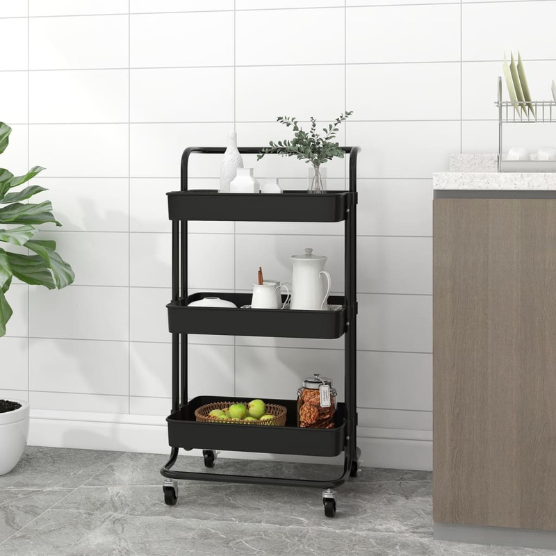 Berkfield 3-Tier Kitchen Trolley Black 42x35x85 cm Iron and ABS