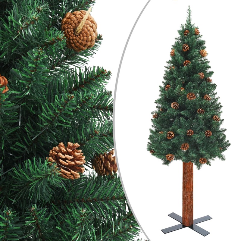 Berkfield Slim Christmas Tree with Real Wood and Cones Green 150 cm PVC