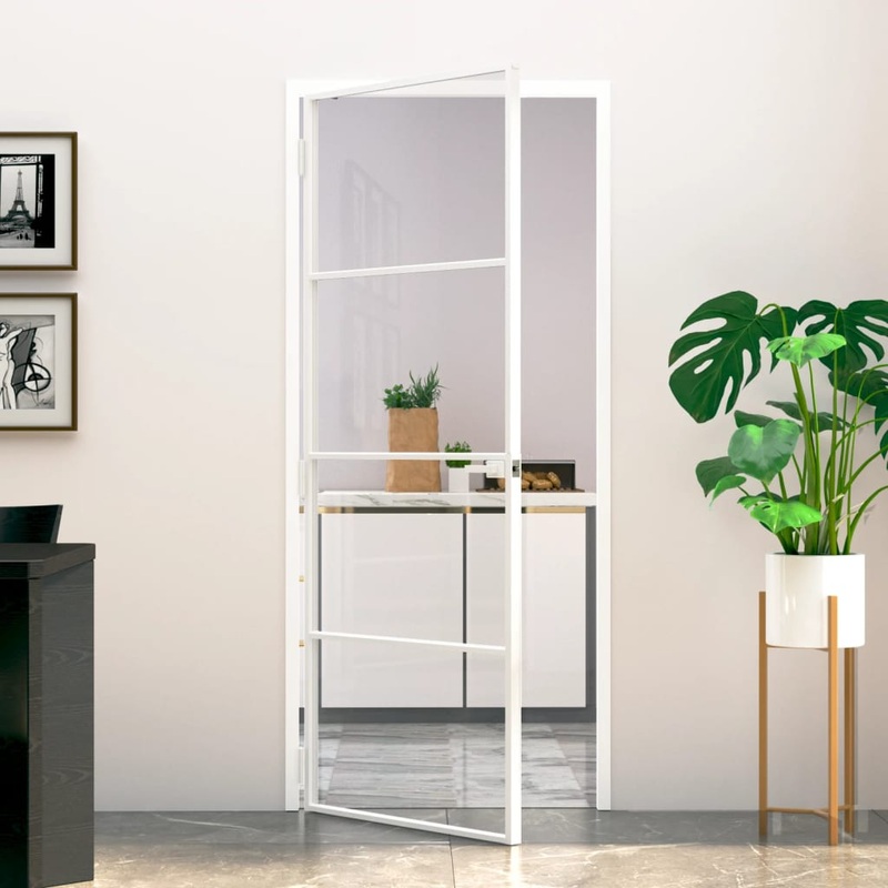 Berkfield Interior Door White 83×201.5 cm Tempered Glass&Aluminium Slim