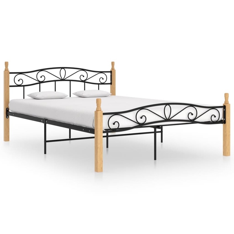 Berkfield Bed Frame Black Metal and Solid Oak Wood 160×200 cm