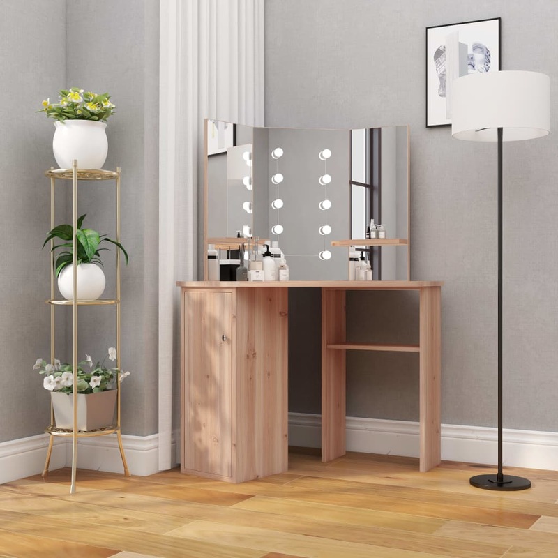 Berkfield Corner Dressing Table with LED Oak 111x54x141.5 cm