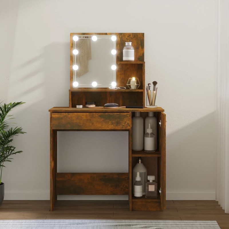 Berkfield Dressing Table with LED Smoked Oak 86.5x35x136 cm