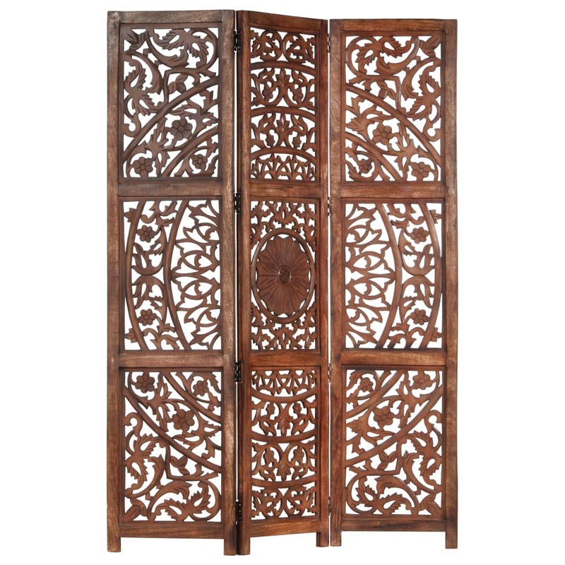 Berkfield Hand carved 3-Panel Room Divider Brown 120×165 cm Solid Mango Wood