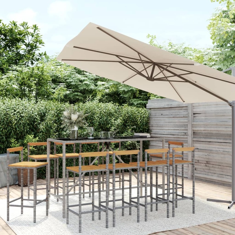 Berkfield 11 Piece Garden Bar Set Grey Poly Rattan& Solid Wood Acacia