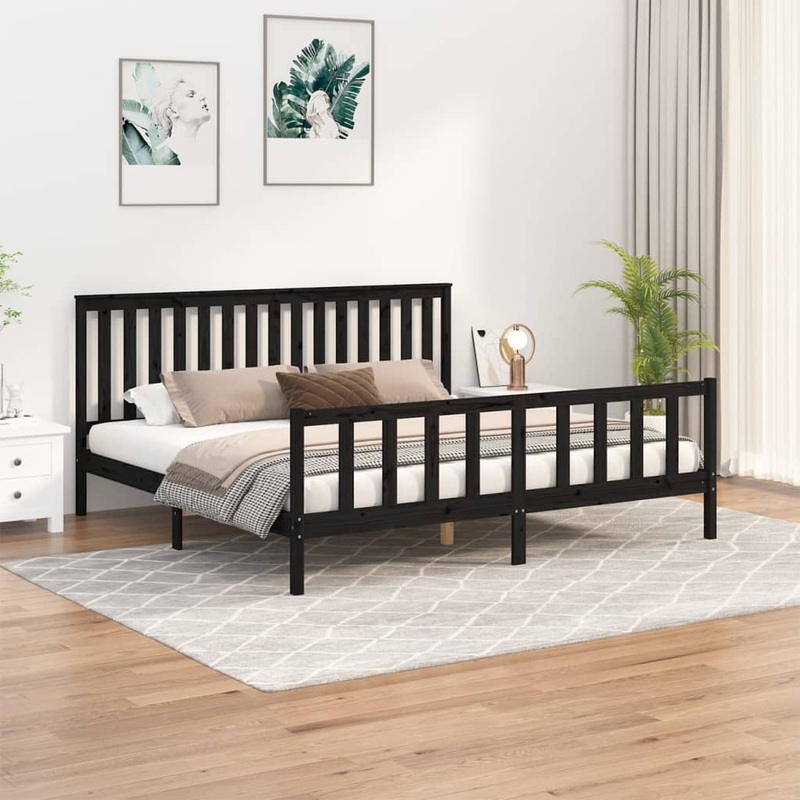 Berkfield Bed Frame with Headboard Black 200×200 cm Solid Wood Pine