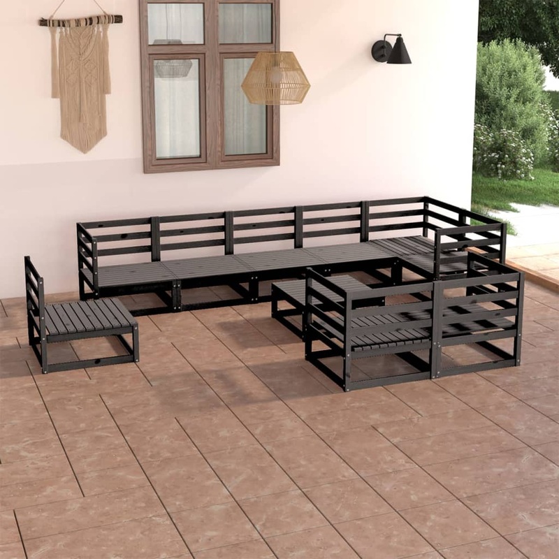 Berkfield 10 Piece Garden Lounge Set Black Solid Pinewood