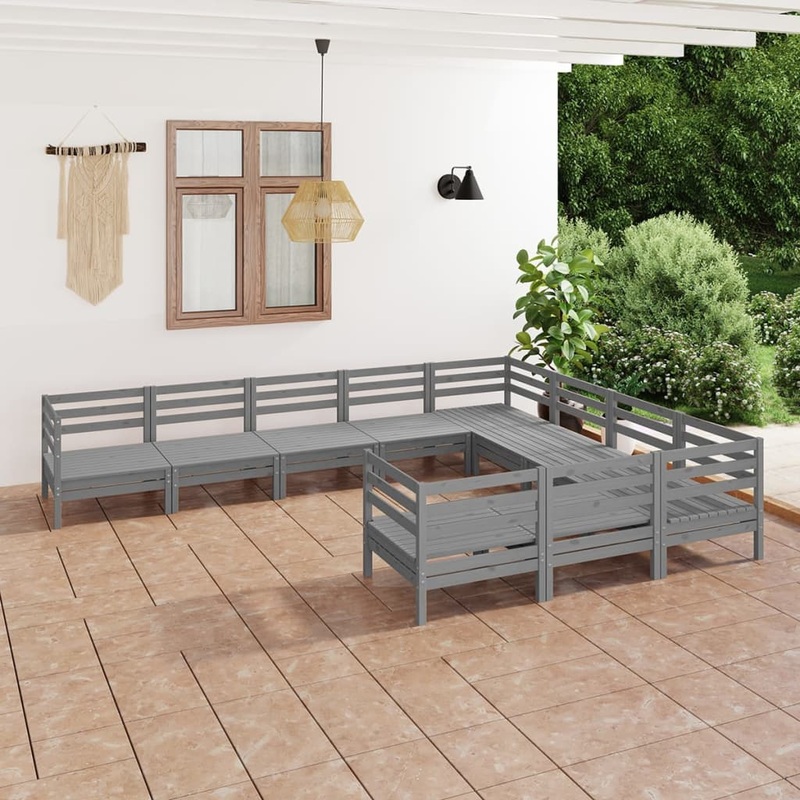 Berkfield 10 Piece Garden Lounge Set Grey Solid Wood Pine