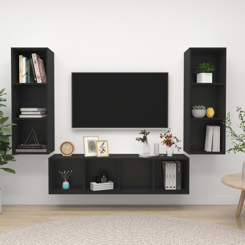 Berkfield 3 Piece TV Cabinet Set Black Engineered Wood
