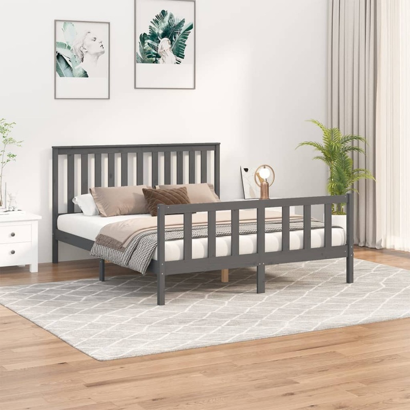 Berkfield Bed Frame with Headboard Grey 160×200 cm Solid Wood Pine