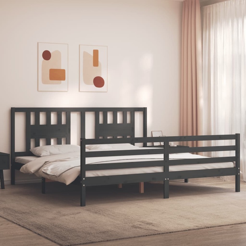 Berkfield Bed Frame with Headboard Grey Super King Size Solid Wood