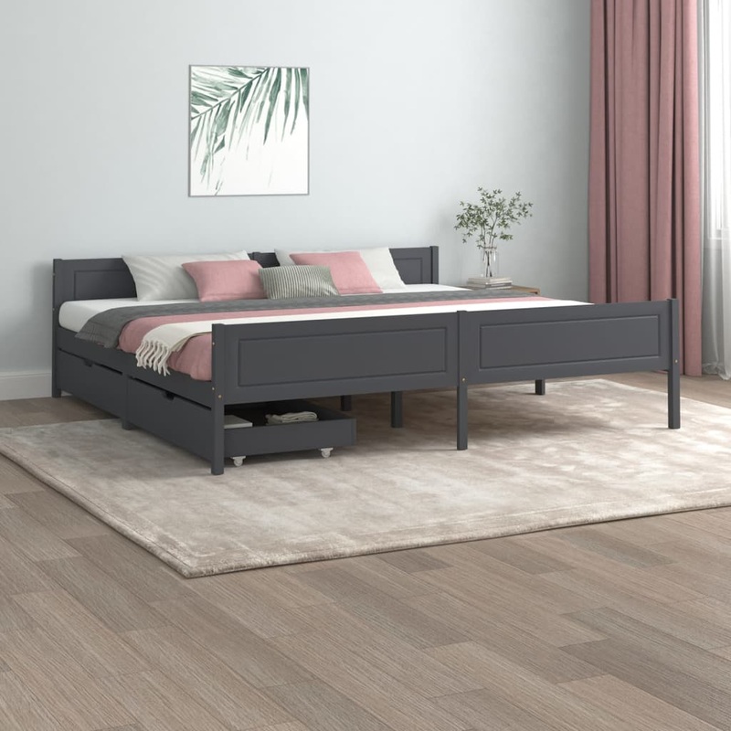 Berkfield Bed Frame with 2 Drawers Dark Grey Solid Wood Pine 200×200 cm