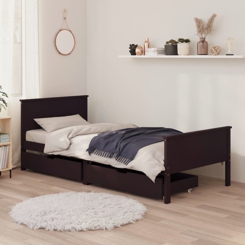 Berkfield Bed Frame with 2 Drawers Dark Brown 90×200 cm Solid Wood Pine